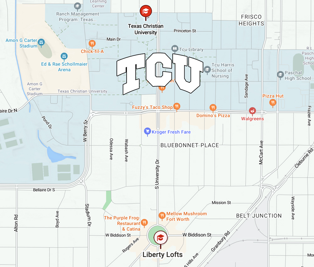TCU Campus Near Liberty Lofts Map